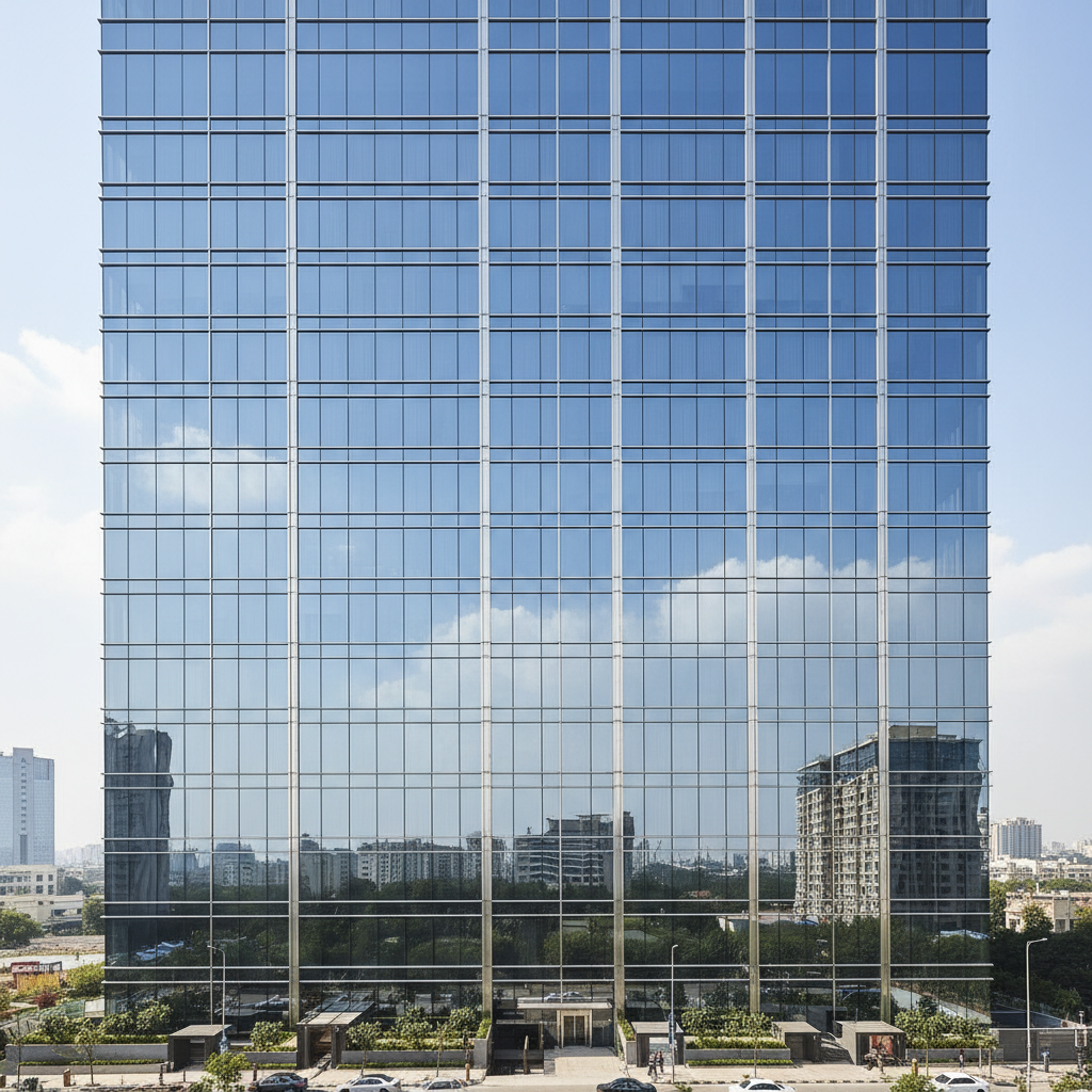Modern architectural glass curtain wall facade of a luxury residential tower in Gurugram, bright daytime sky, clean structural aluminium grid pattern