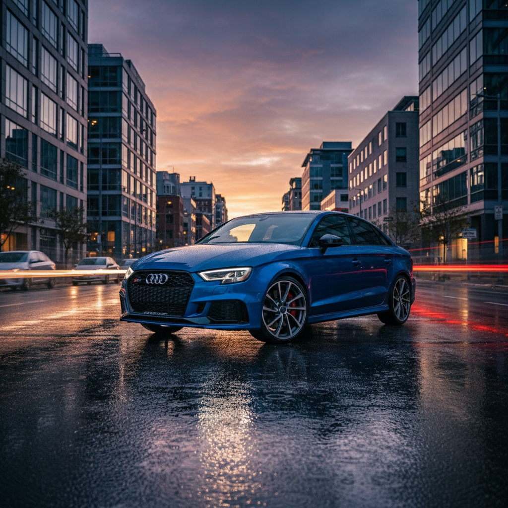 Audi RS3 Sedan on wet urban road at dusk, brake calipers visible through alloy wheels