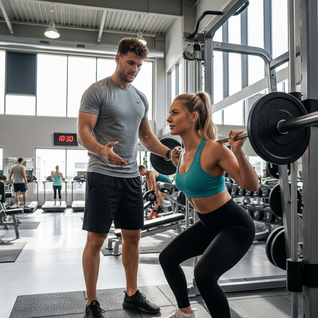 Athletic male trainer demonstrating a barbell exercise in a well-lit modern gym