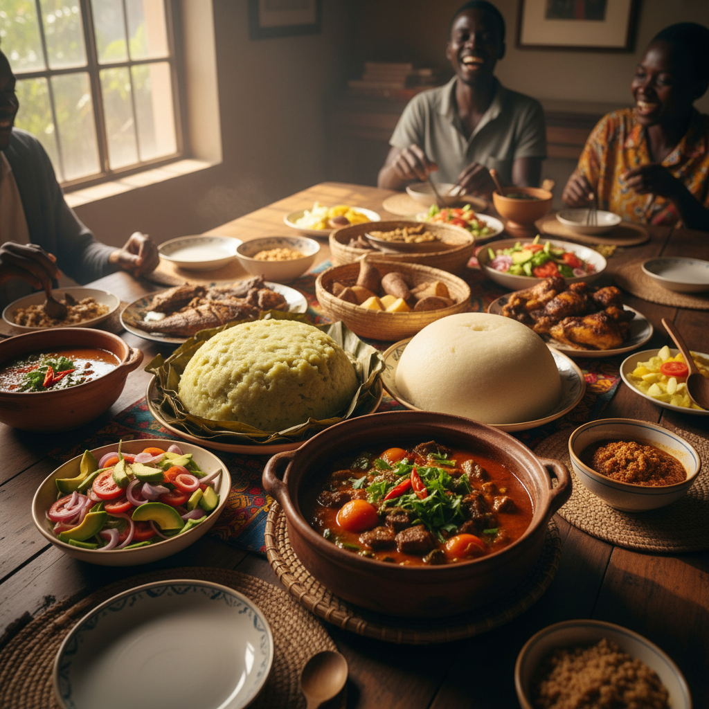 Family-style table spread of Ugandan dishes including matoke, posho, and stew