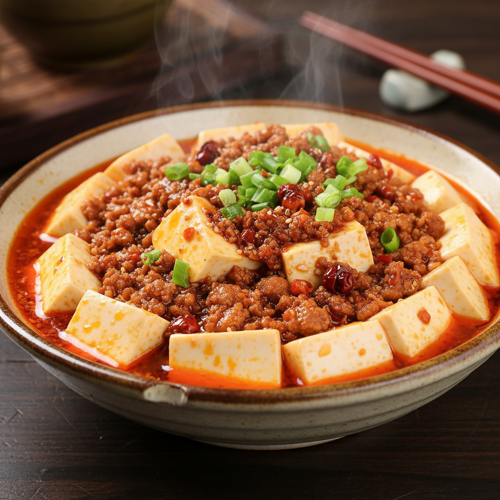 Тофу Мапо — authentic Chinese dish, professionally plated, dark moody background, commercial food photography