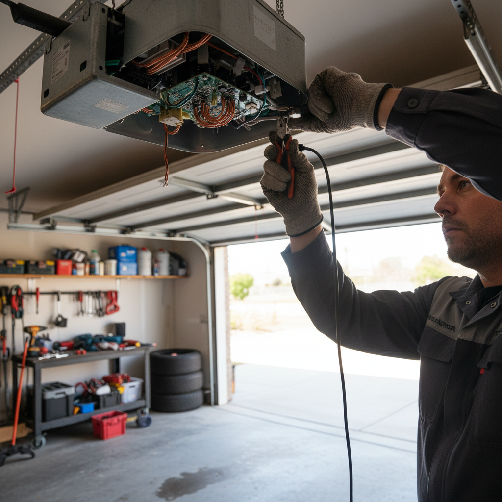 Technician servicing an automated sectional overhead door in a logistics warehouse