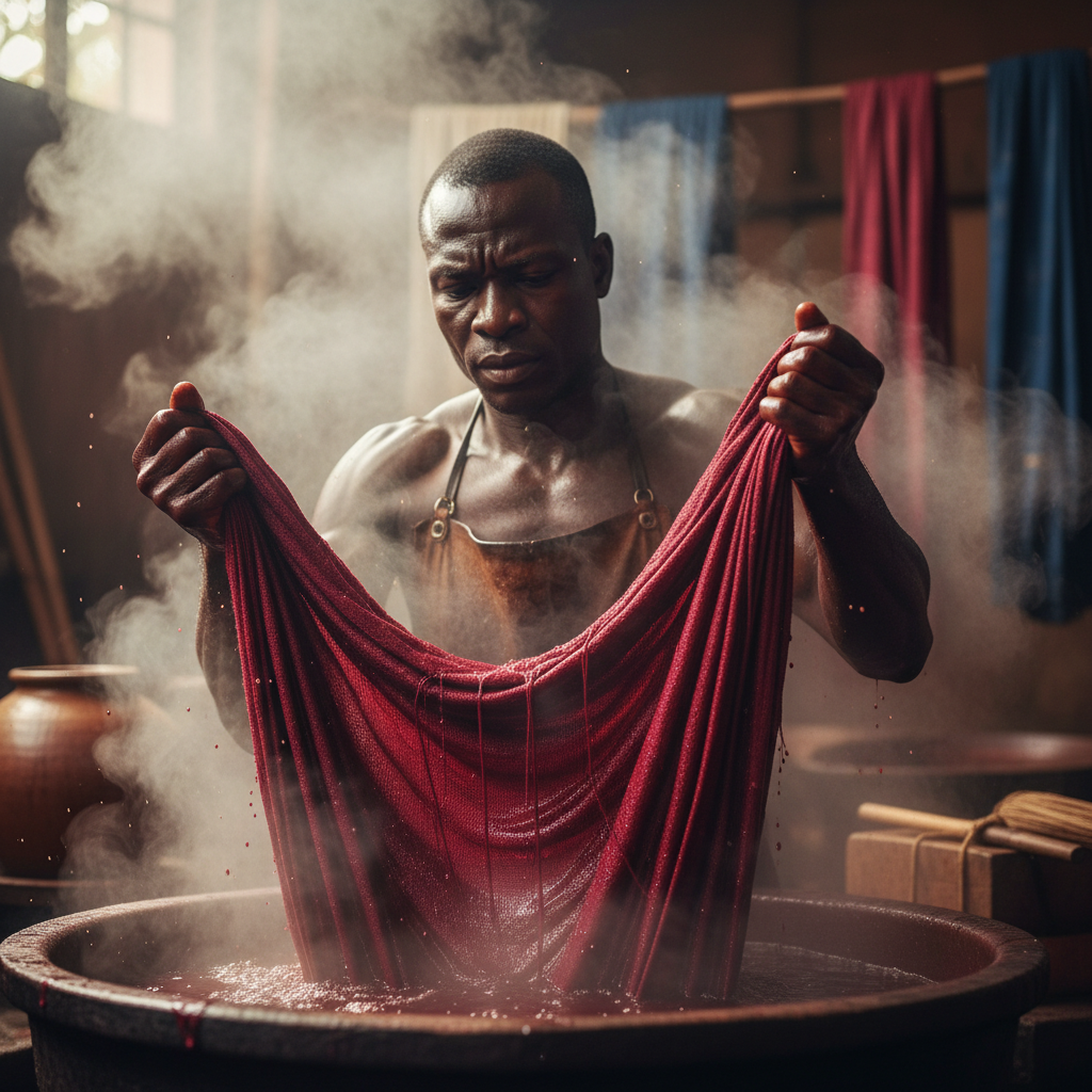 Textile dyer Kwame Asante pulling deep ruby-dyed fabric from a vat, steam rising, hands stained with pigment