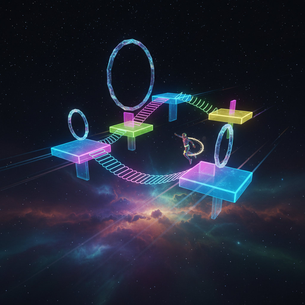 Vibrant neon-lit obstacle course with glowing platforms and electric blue lighting in a dark game environment