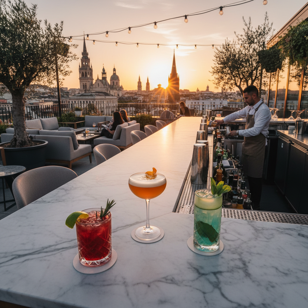 Rooftop bar at sunset with panoramic city view and craft cocktails on marble bar