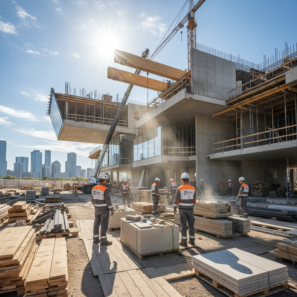 Construction workers in hard hats working on building site with concrete structures, bright daylight