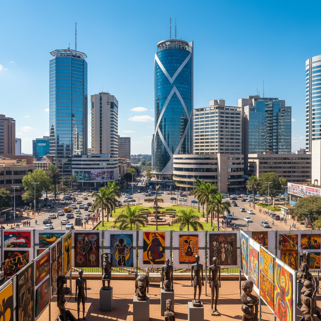 Harare city skyline with modern buildings and African art gallery on street level