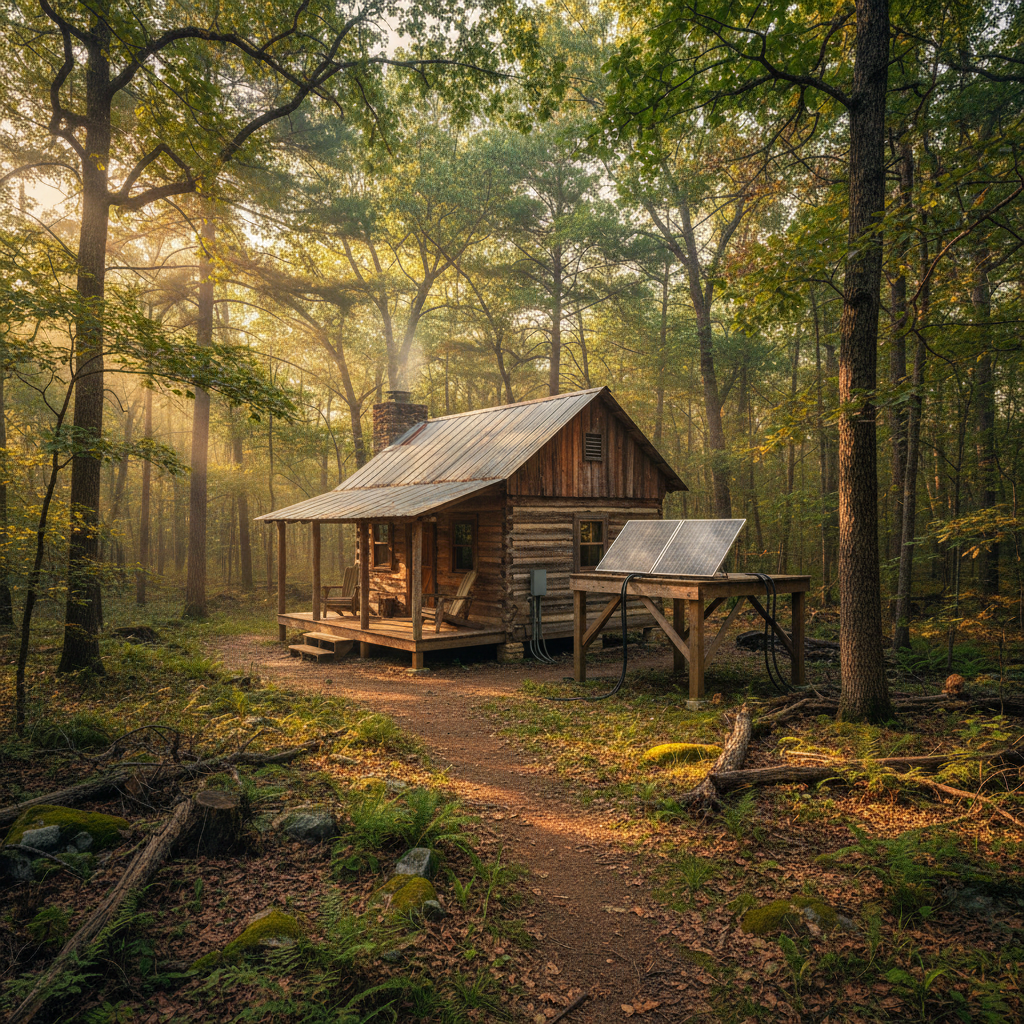 Small wooden off-grid cabin in forested Ozark setting at golden hour