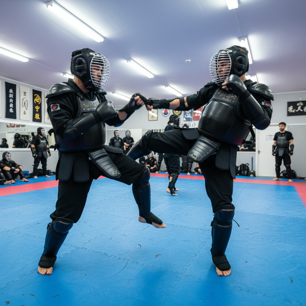 BJJ practitioners on blue mat in bright training facility, new class announcement
