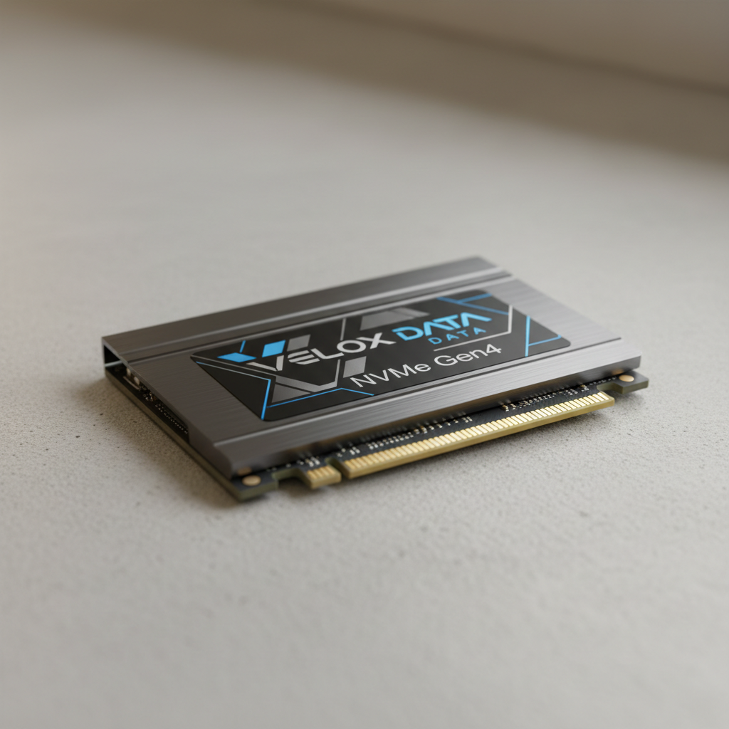 NVMe SSD drive on dark surface with metallic finish, dim studio lighting, sharp details