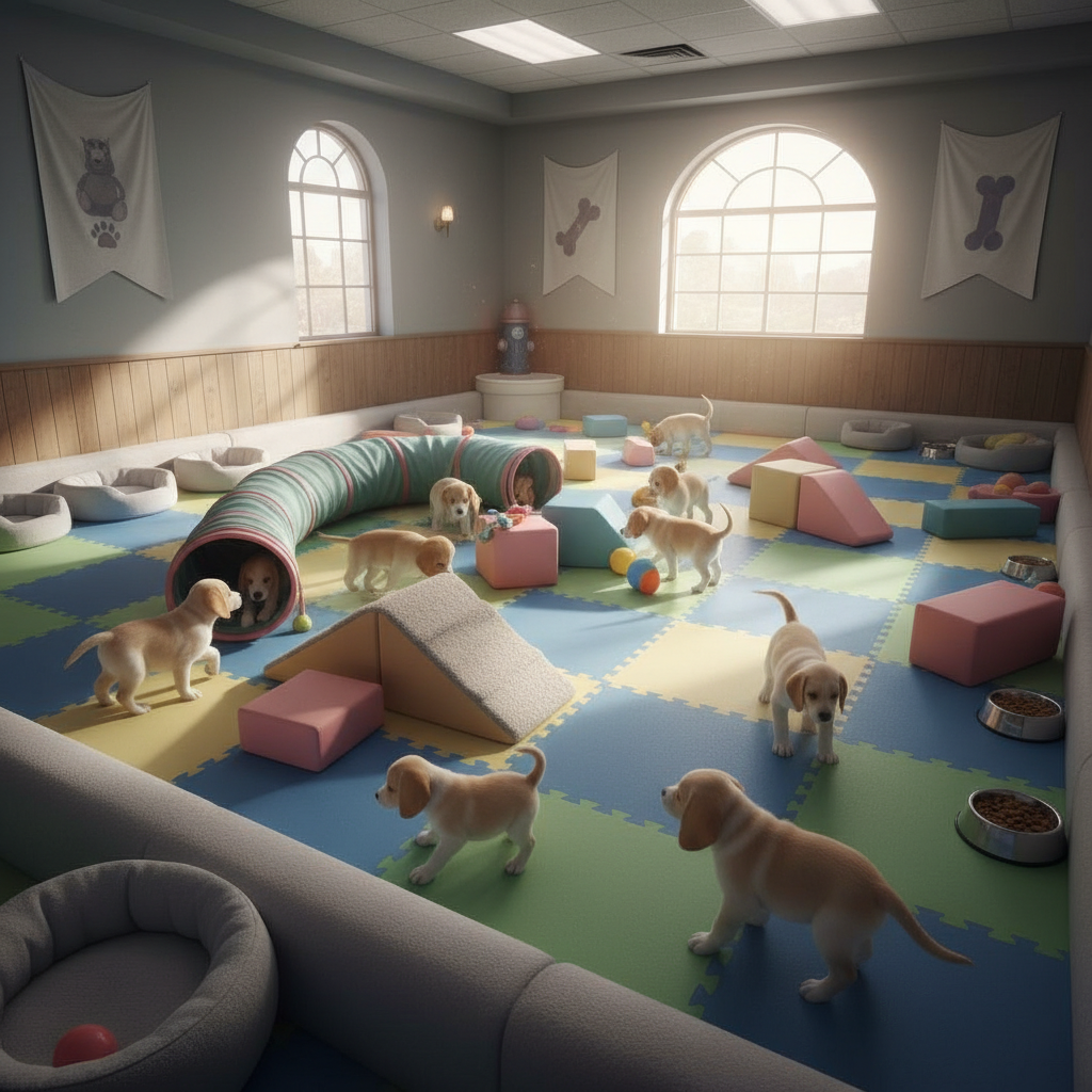 Bright socialization room with colorful toys, tunnels, and training equipment for puppy development