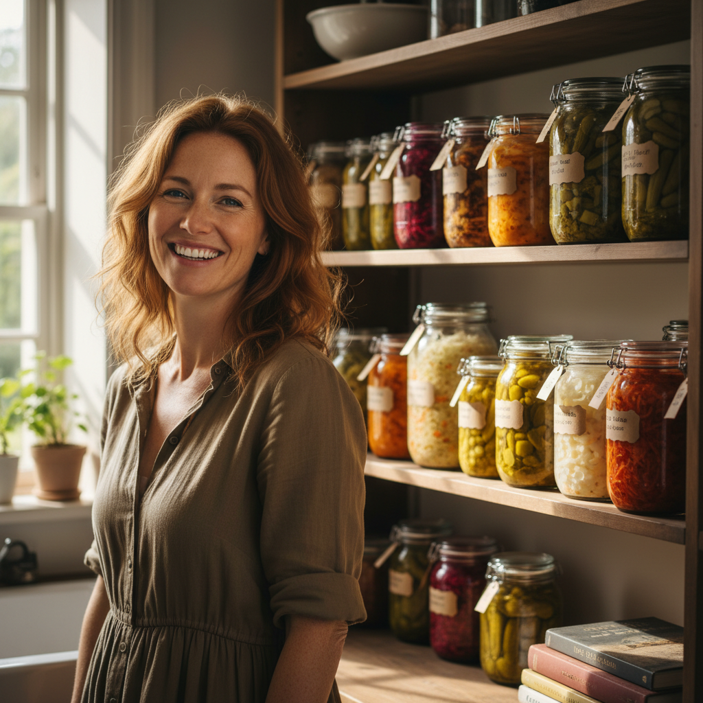 Destiny Okafor, a woman smiling in her kitchen with jars of fermented foods on a shelf behind her