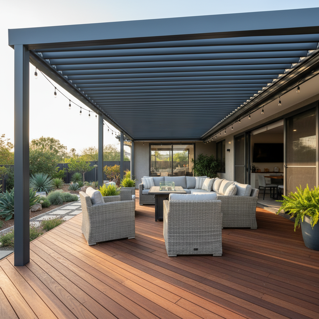 Completed patio cover installation in Central Alberta, wooden deck with aluminum cover and outdoor furniture