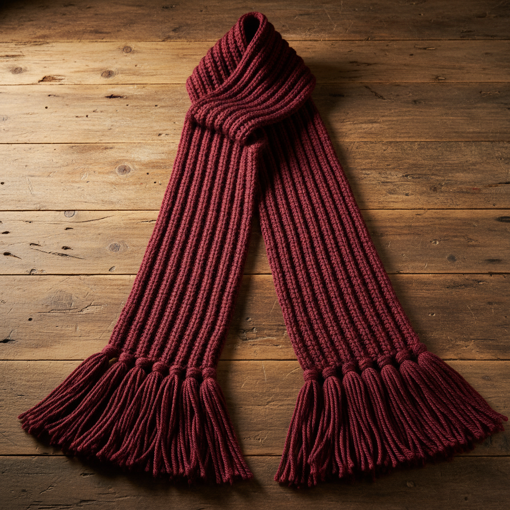 Colorful boho striped knit scarf folded on rustic wooden surface