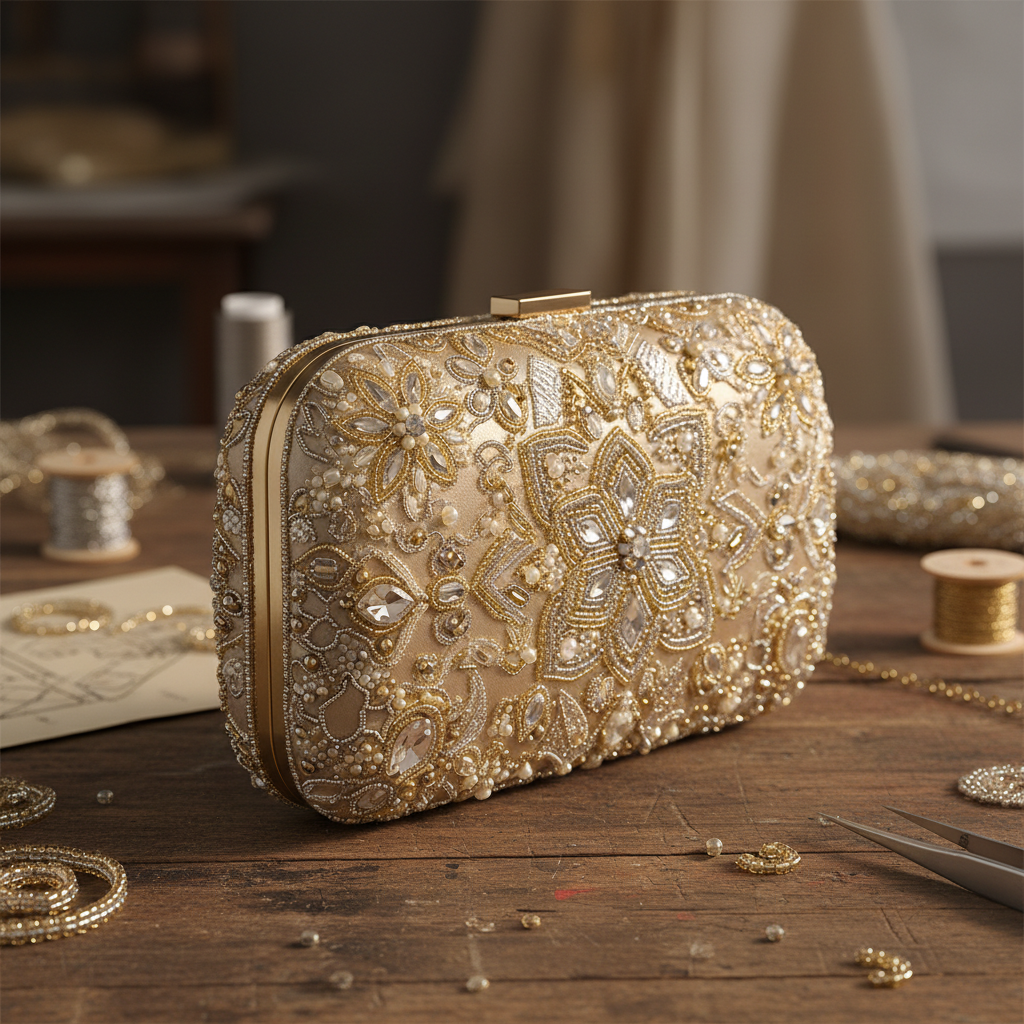 Aurora Crystal Clutch in champagne gold beadwork on ivory silk, elegant editorial lighting