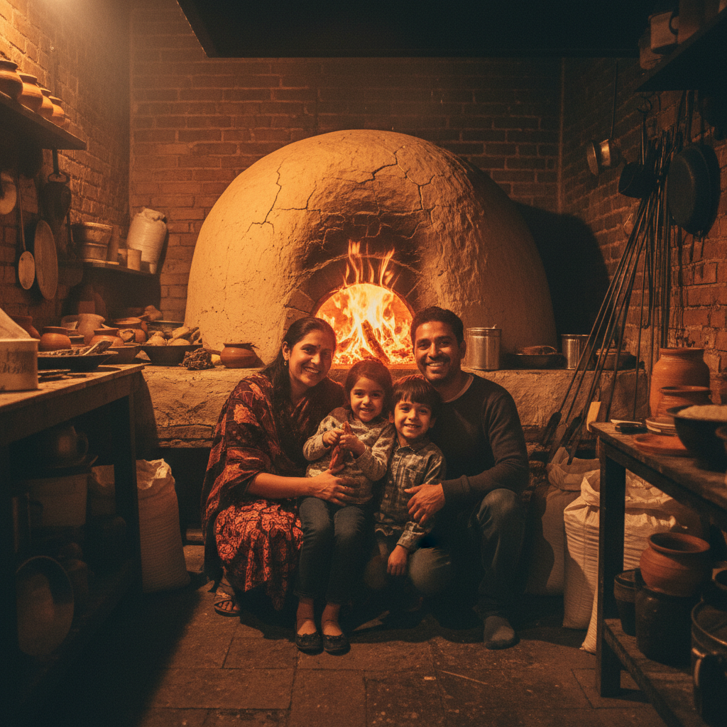 Family portrait in the Tandoor kitchen with the original clay oven visible in the background, warm fire light