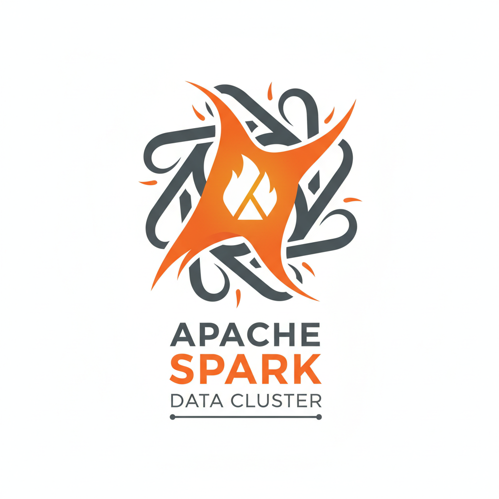 Big data processing visualization on bright screen with Spark cluster diagram