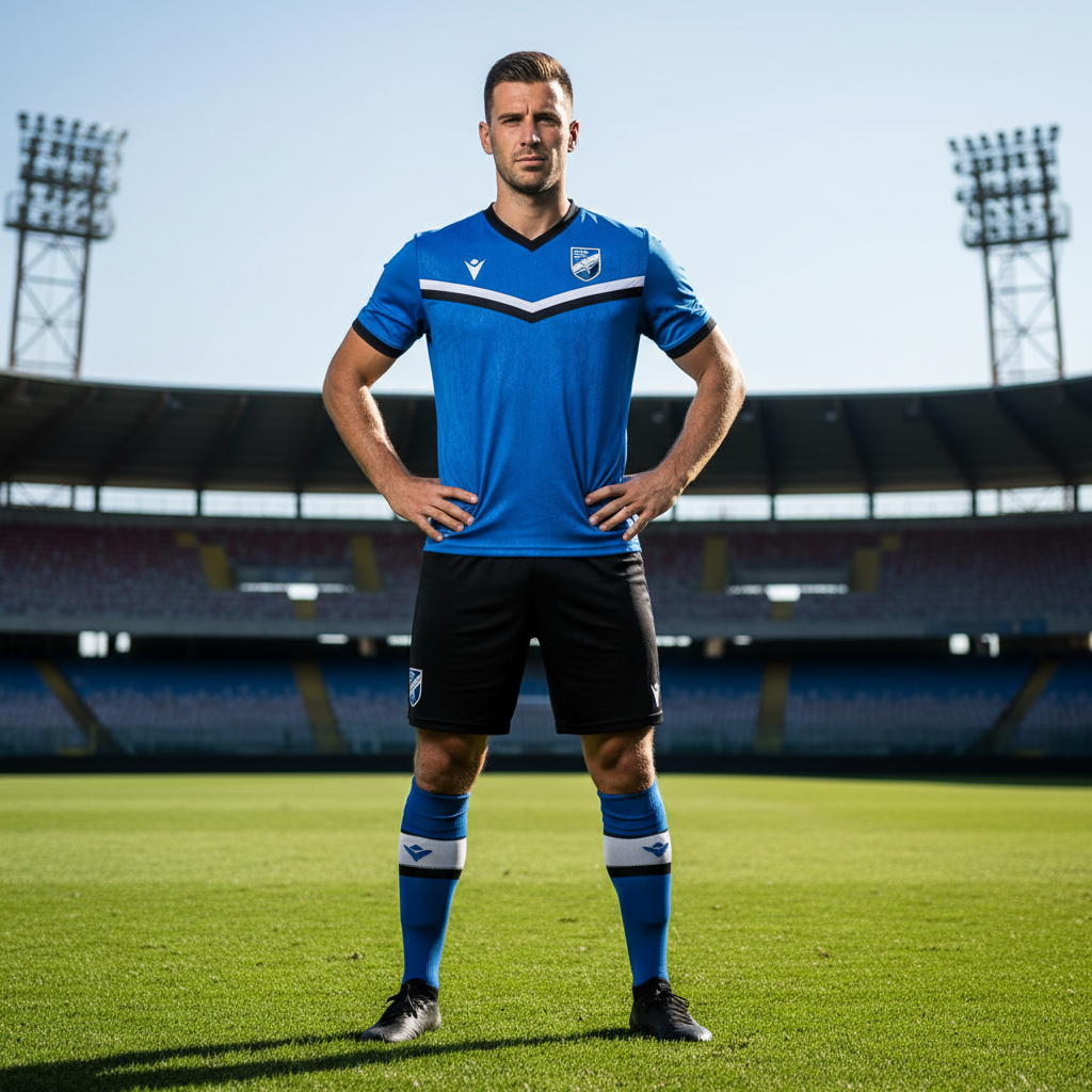 Midfielder posing on pitch, dark green background, professional club portrait