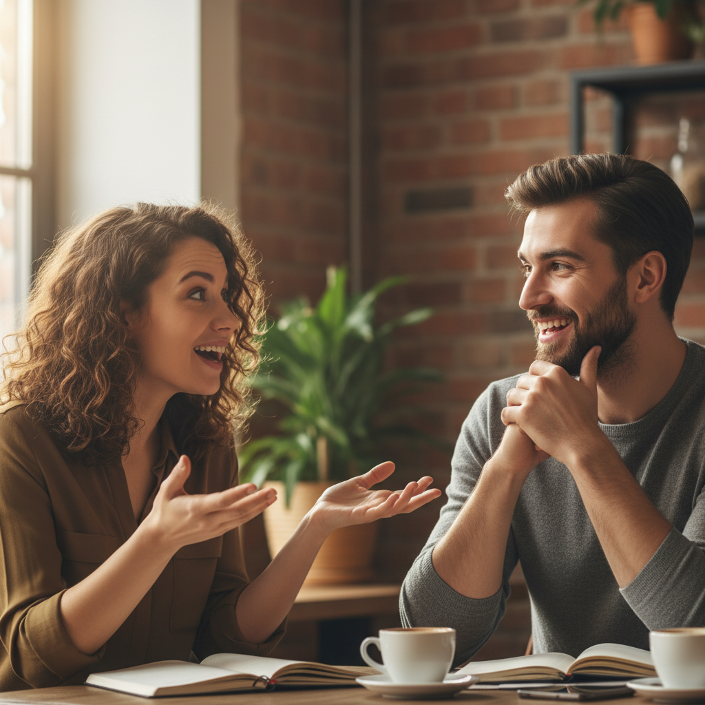 Two people having an animated, friendly conversation at a table in a bright, airy cafe