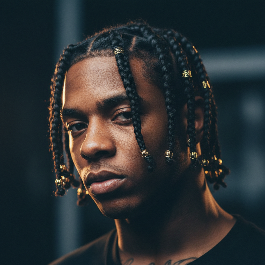 Long box braids with gold accessories, warm amber light, moody studio atmosphere