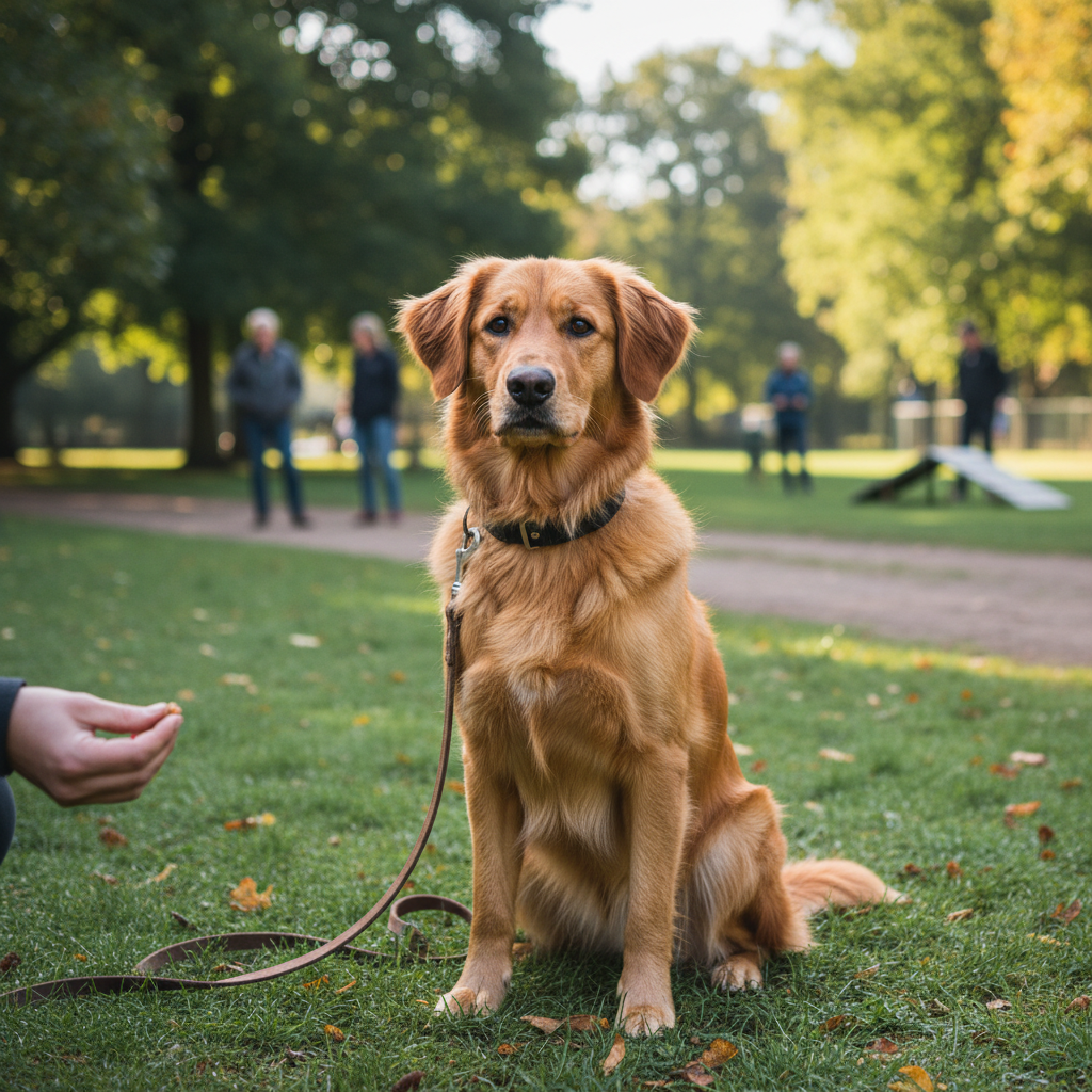 Happy golden retriever dog with treat package on grass