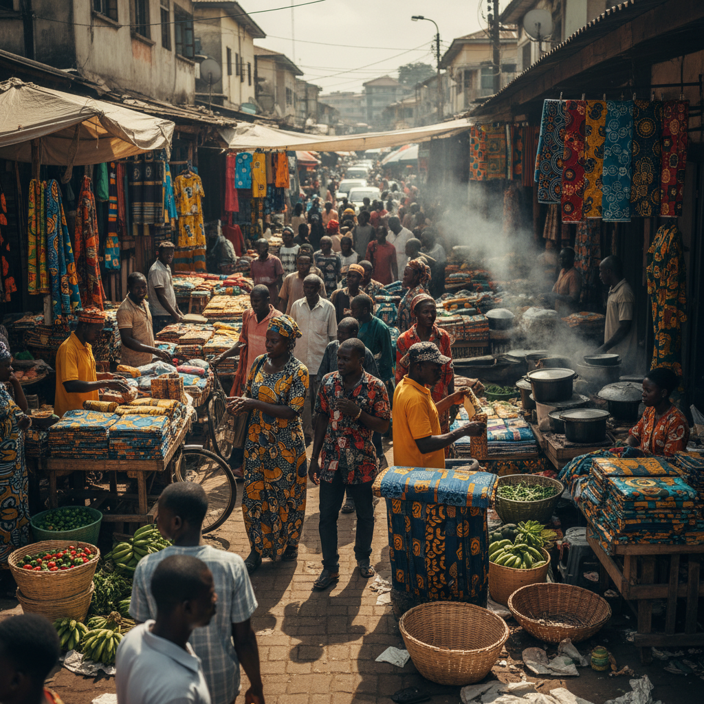 Nigerian food market stall with fresh produce and packaged goods, vibrant colors, Lagos market atmosphere, bright daylight