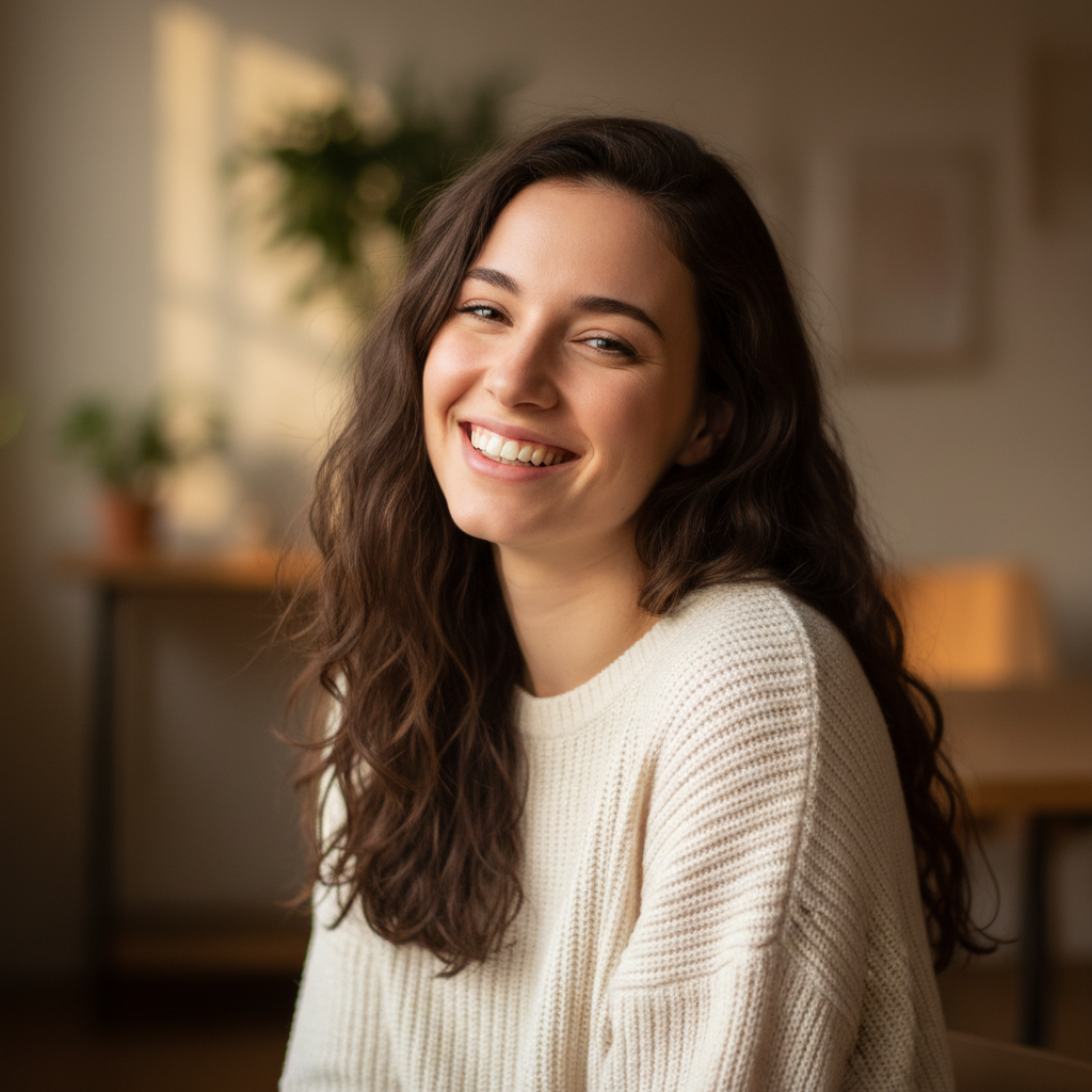 Young woman with dark hair smiling warmly in bright indoor setting