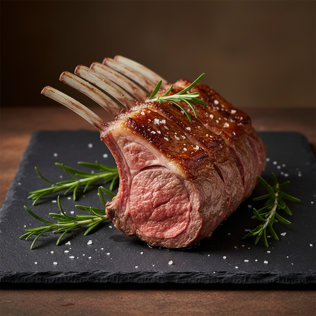 French trimmed lamb rack arranged on stone slab, pale pink meat, white rib bones exposed