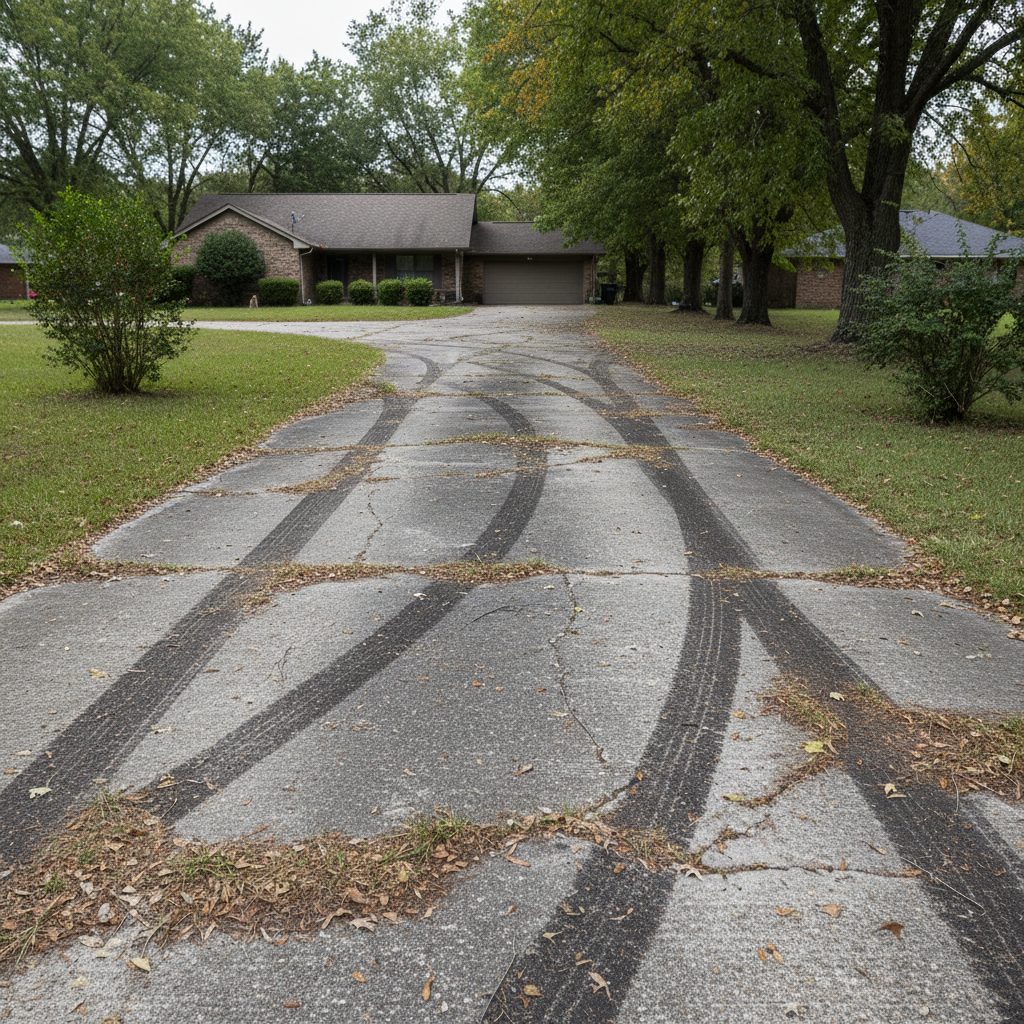 Long residential driveway with tire marks and general dirt buildup throughout