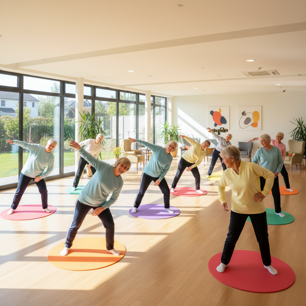 Group of seniors doing light exercises together in a bright daycare center