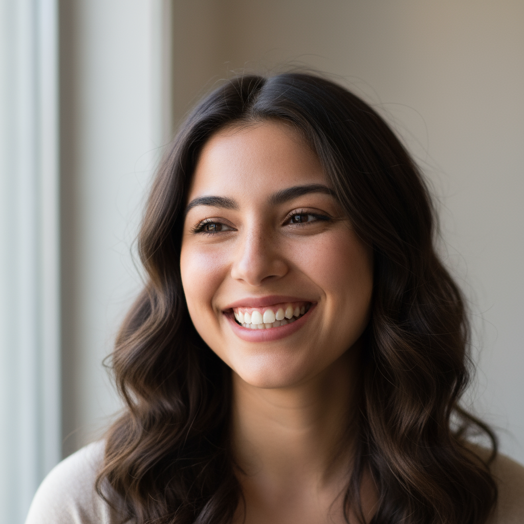 Young Latina woman with dark hair smiling warmly against a neutral background