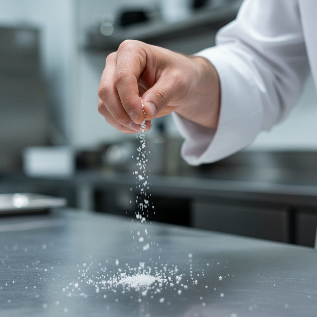 Chef hand pinching salt over a stainless steel prep surface in professional kitchen