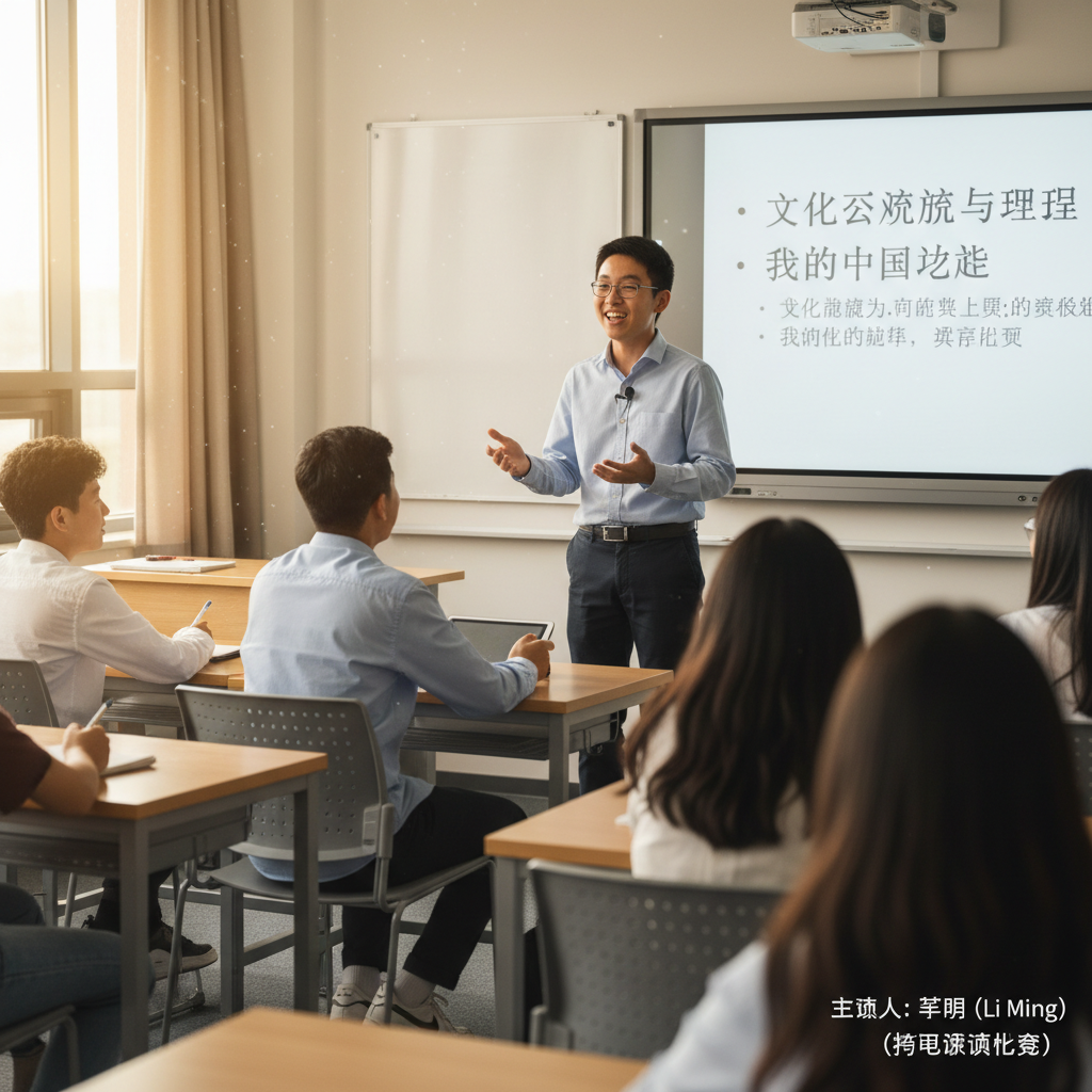 High school teenager presenting in Mandarin to classmates in a modern classroom setting