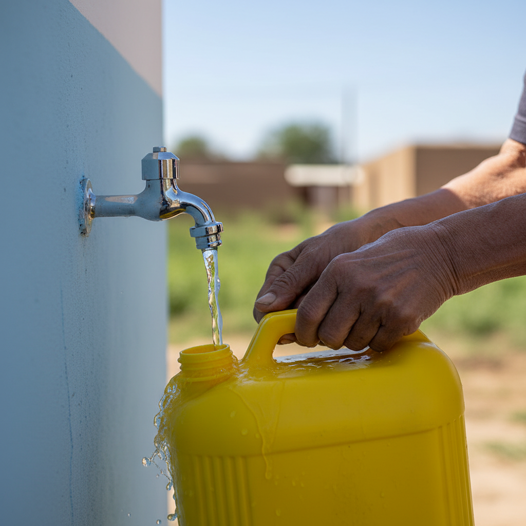 Elderly woman with weathered hands filling a bright yellow jerry can from a new clean water tap