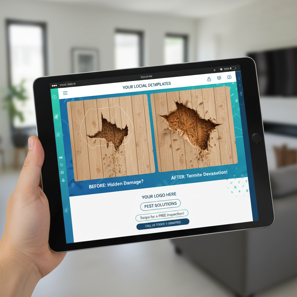 Pest control social media template customizer showing termite damage reveal