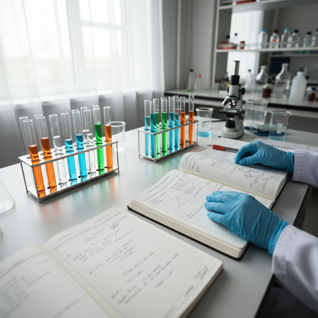 Laboratory bench with test tubes and research notebooks, a researcher's hands visible turning a page