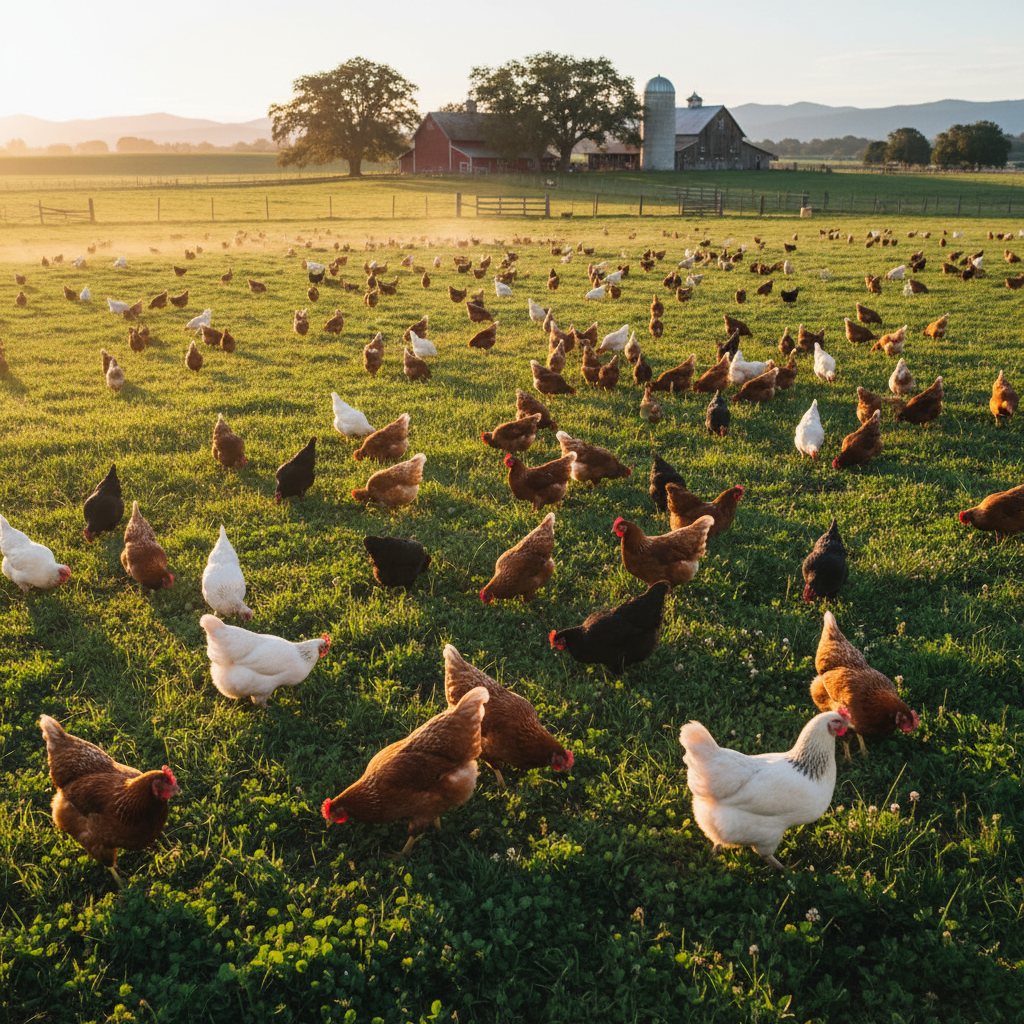 Golden-hour view of Sunridge Farm in Petaluma California, free-range chickens roaming open green pasture