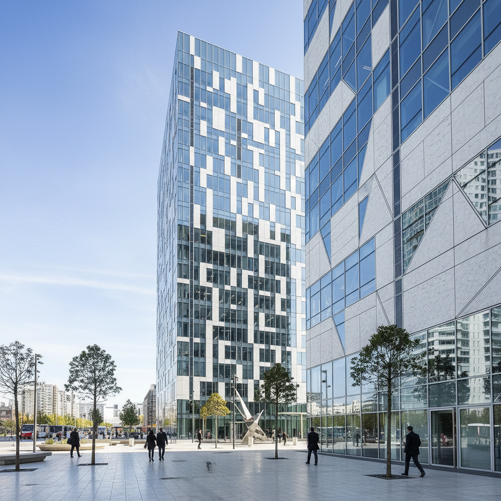 Modern Austin Texas financial district office towers, bright blue sky, clean professional architecture