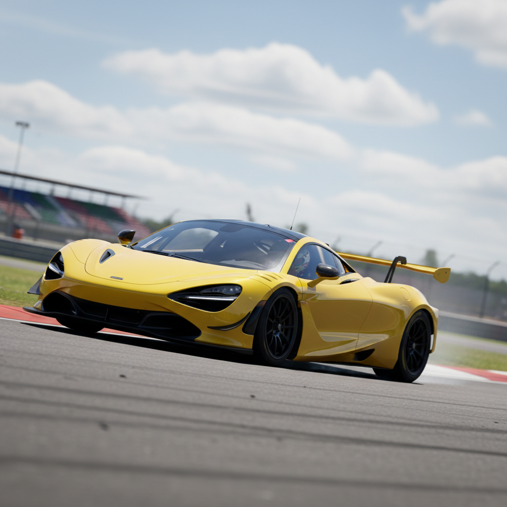McLaren 720S supercar on track, bright orange, low-key dramatic lighting, dark asphalt