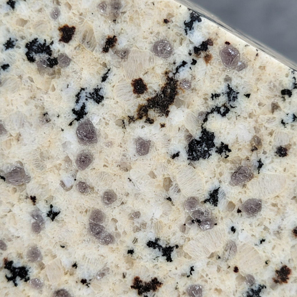 Kashmir white granite specimen showing cream base with gray garnet and dark biotite mineral inclusions