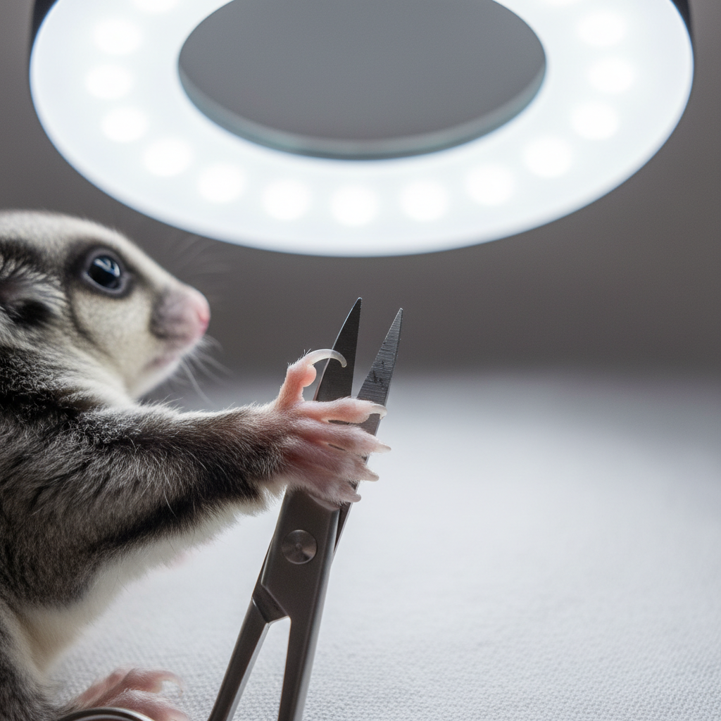 Close-up of tiny sugar glider nails being trimmed with precision scissors under magnification lamp