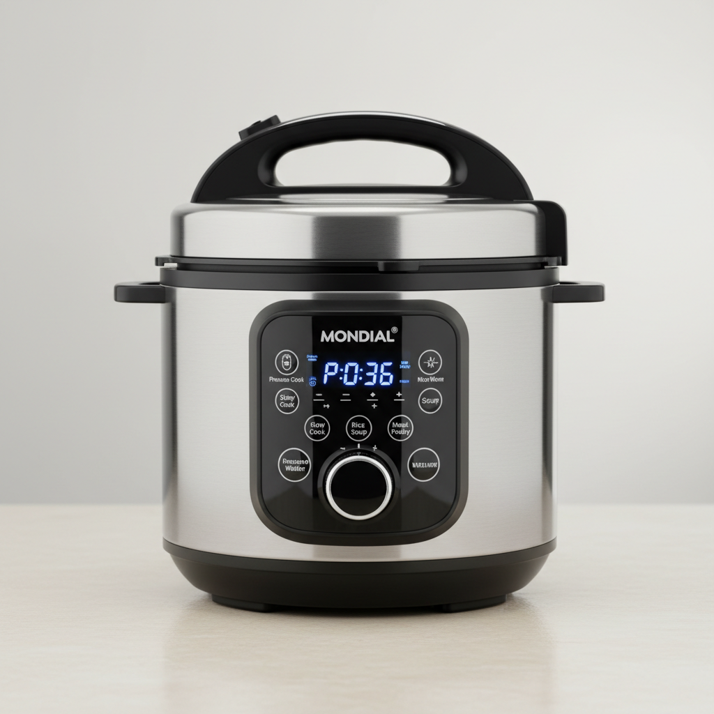 Stainless steel instant pot pressure cooker on dark kitchen countertop with moody dramatic lighting
