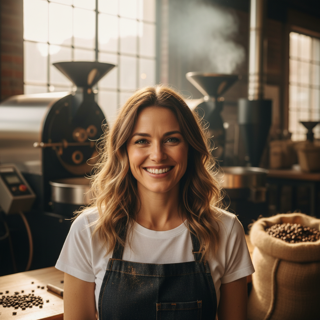 Portrait of a female coffee roaster and entrepreneur in her roastery, smiling with confidence