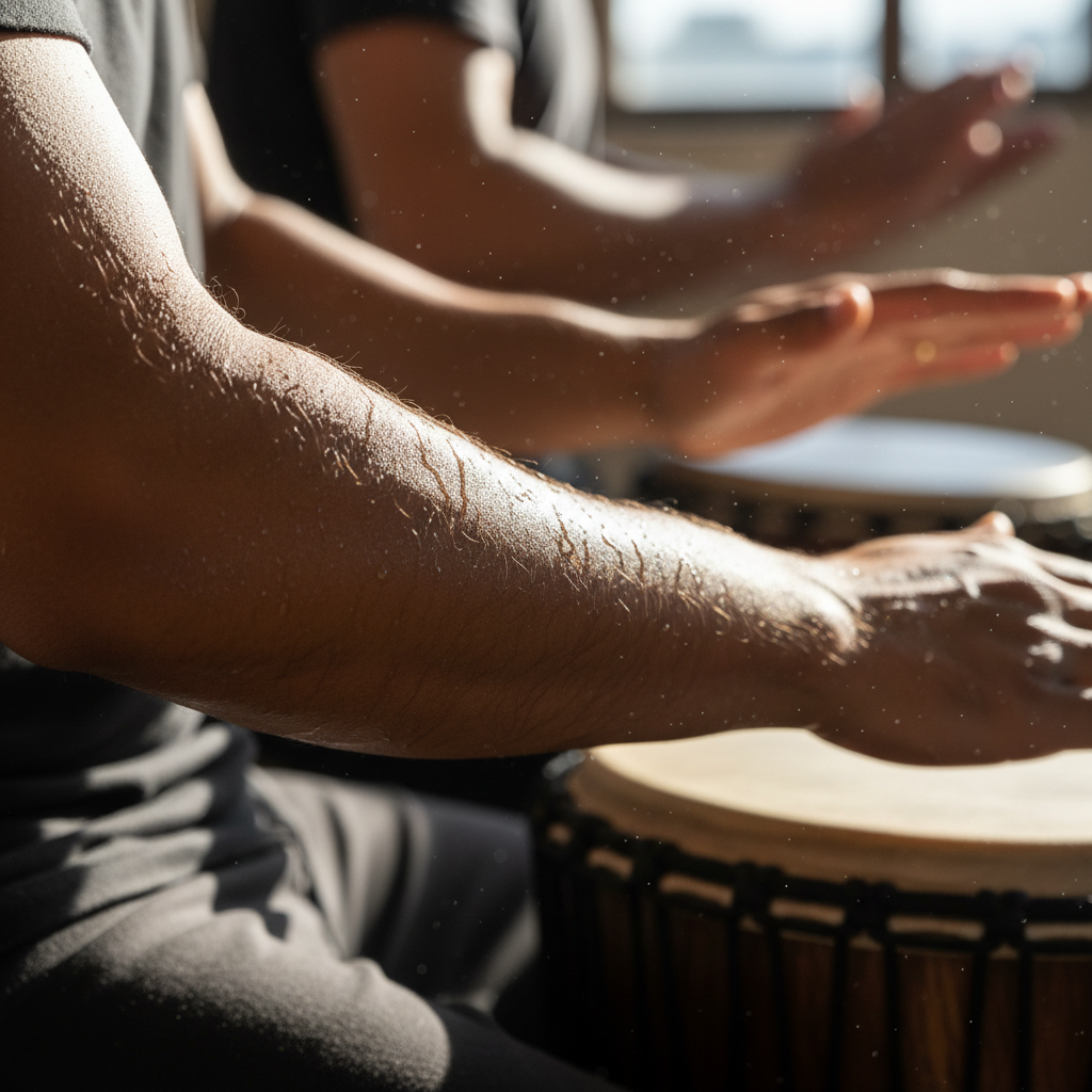 Sweat glistening on forearms during an intense djembe workshop