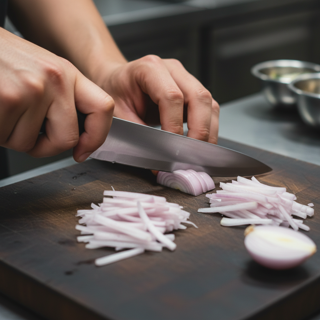 Chef hands julienning shallots with precision on a dark cutting board