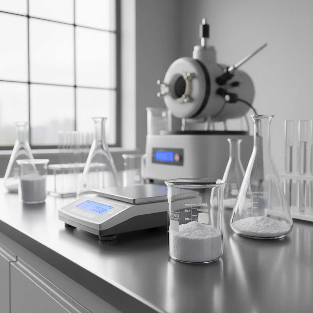 L-Glycine white crystalline powder in laboratory glass dish under bright overhead lighting, clean white clinical surface