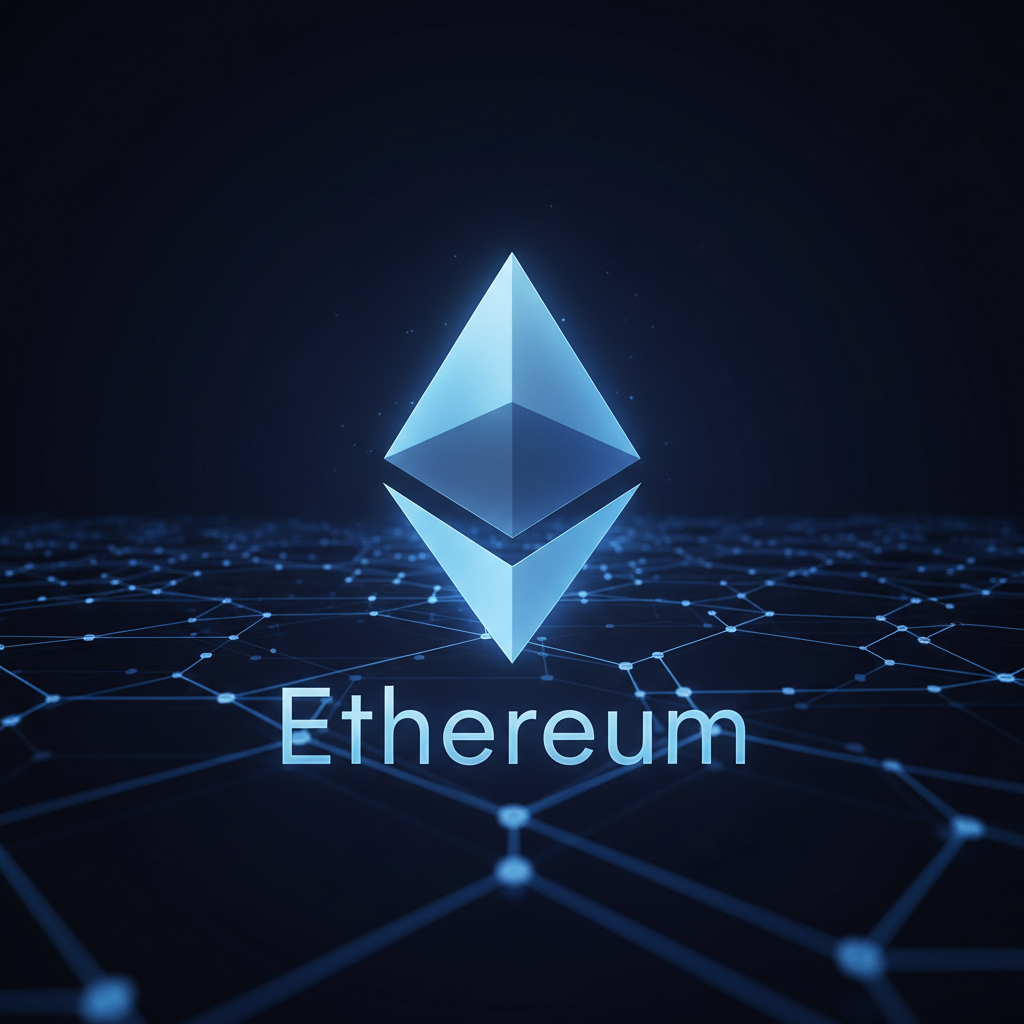 Ethereum logo glowing blue on dark background with network nodes