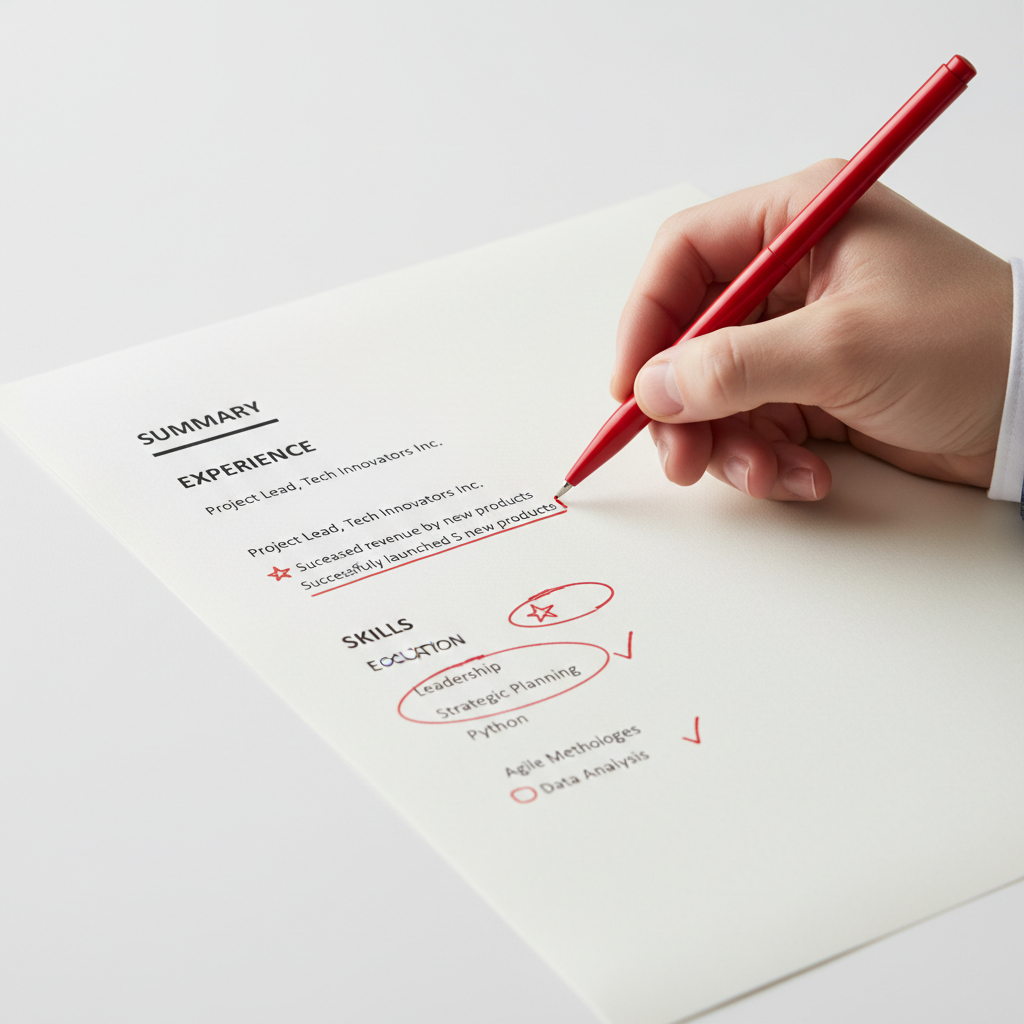 Stack of resumes on a desk with a red pen marking corrections