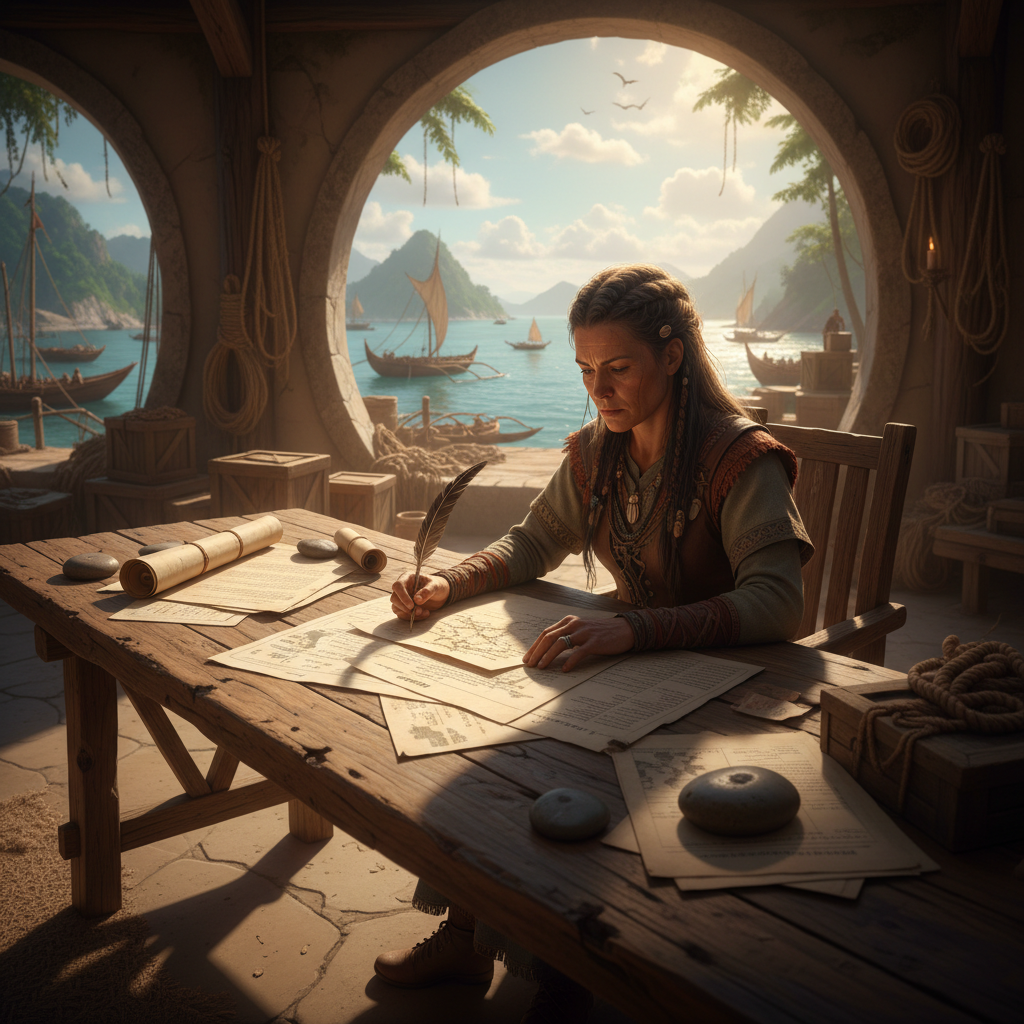 Tribal council logistics officer in port office, reviewing manifests at a desk with harbor view through window