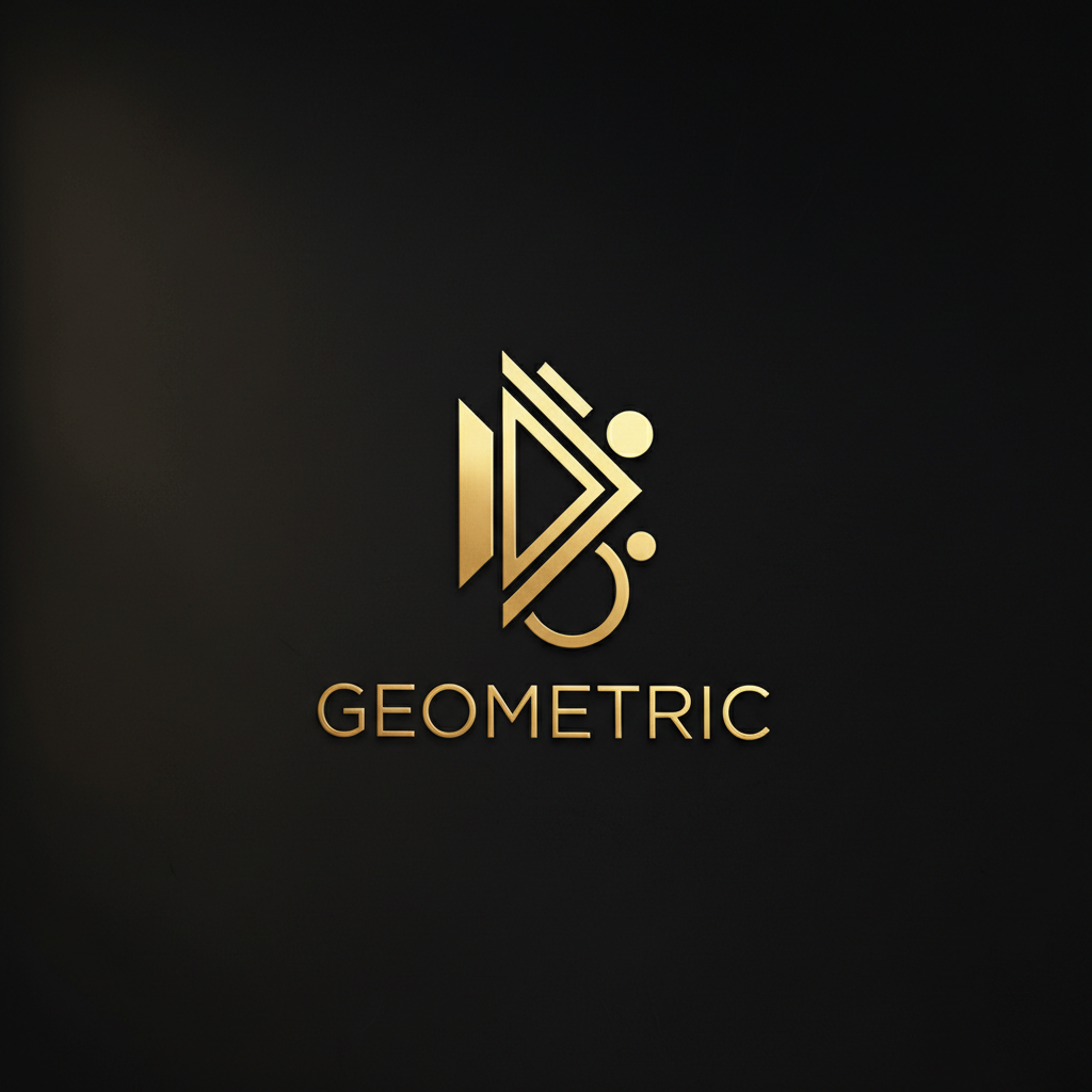 Geometric fashion brand identity with gold and black tones in a dark studio setting